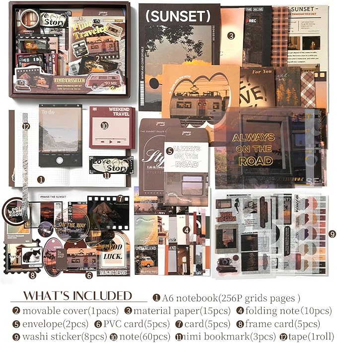 Scrapbook Supplies Kit, Vintage Aesthetic Scrapbook Kit, 351pcs Junk Journal Supplies with Scrapbooking Paper A6 Grid Notebook, Journaling Supplies, Birthday Craft Gift for Adult, Time Traveler
