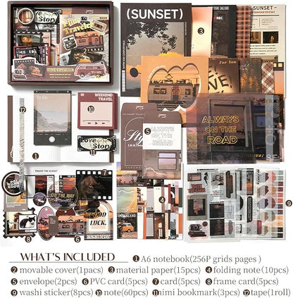 Scrapbook Supplies Kit, Vintage Aesthetic Scrapbook Kit, 351pcs Junk Journal Supplies with Scrapbooking Paper A6 Grid Notebook, Journaling Supplies, Birthday Craft Gift for Adult, Time Traveler