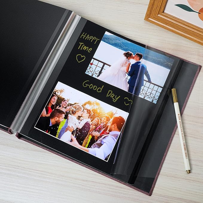 Spbapr Large Photo Album Self Adhesive Linen Cover Magnetic Scrapbook Album DIY Scrap Book 60 Black Sticky Pages for 3x5 4x6 5x7 8x10 Pictures with A Metal Pen