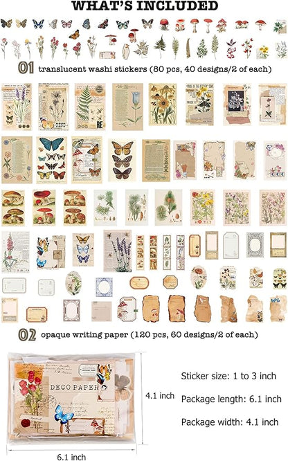 Knaid Vintage Scrapbook Supplies Pack (200 Pieces) for Junk Journal Bullet Journals Planners Botanical Paper Stickers Craft Kits Aesthetic Cottagecore Collage Album (Nature)