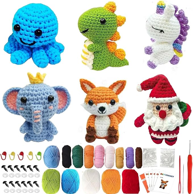 6PCS Crochet Kit for Beginners, Beginners Knitting Kit for Adults, Cute Animals Complete Starter Kit with Step-by-Step Video Tutorials and Instructions, Christmas Gifts for Adults and Friends