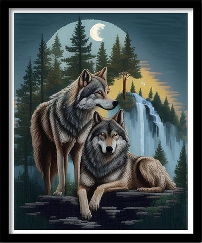 Findvoor Stamped Cross Stitch Kits for Beginners Full Range of Cross Stitching Embroidery Pattern Adults, 11CT DIY Needlepoint Embroidery Starter Kits-Couple Wolf 15.7x19.7 inch