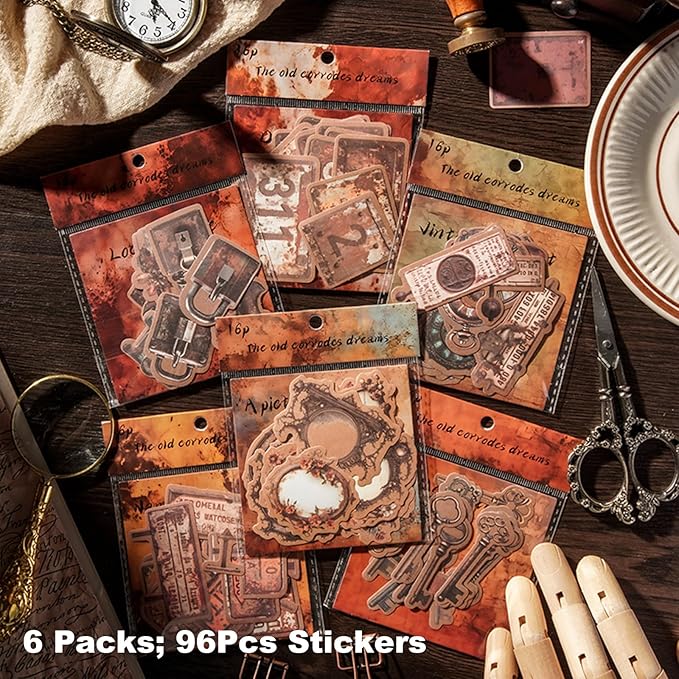 AuriicLeaf Vintage Kraft Paper Sticker Set, 96PCS Retro Scrapbook Supplies for Journaling and Crafts, Includes Keys, Padlocks, Signs, Labels, Frames, Number Plates