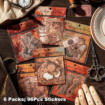 AuriicLeaf Vintage Kraft Paper Sticker Set, 96PCS Retro Scrapbook Supplies for Journaling and Crafts, Includes Keys, Padlocks, Signs, Labels, Frames, Number Plates