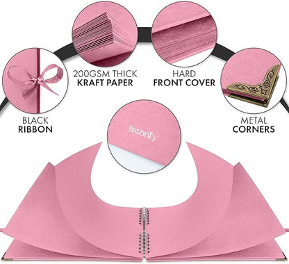 Bstorify Square Scrapbook Photo Albums 50 Pages (11 x 8.5 Inch) Pink Thick Paper, Hardcover, Ribbon Closure - Ideal for Your Scrapbooking Albums, Art & Craft Projects (Pink, 11 x 8.5 Inch)