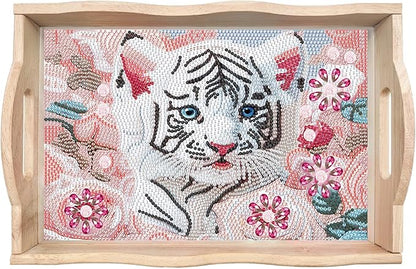 DIY Diamond Art Wooden Tray Kit, Food Tray with Handle Diamond Painted Table Decoration Tray, for Breakfast, Bar Dinner Table Diamond Dots Gem Painting Art Set for Beginners (#05-Tiger)