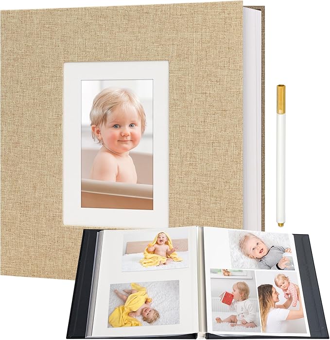 Vienrose Photo Album Self Adhesive for 2x3 4x6 5x7 8x10 Pictures DIY Scrapbook 60 Blank Pages Linen Cover Memory Book for Wedding, Baby Growth, Travel, Khaki