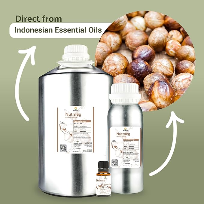 Nature Packaged Nutmeg Essential Oil - Direct from Central Java, Indonesia - Pure Essential Oils for Diffusers, Muscle Relief and Aromatherapy | Premium Therapeutic Grade (22lbs)