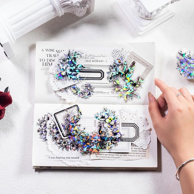 MiyouLuna 60Pcs Holographic PET Stickers-Vibrant Nature and Animal Designs, Scrapbook Stickers Kit for Journaling, Ephemera Packs for Junk Journals