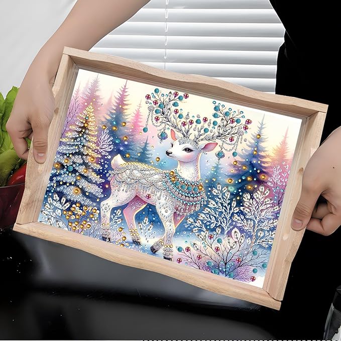 DIY Diamond Art Painting Wooden Tray Kit With Handle, Food Tray for Breakfast, Bar Dinner Table Decoration, Diamond Dots Gem Painting Art Set for Beginners - Christmas Elk