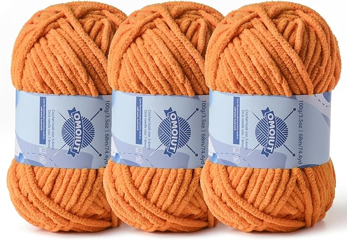 Chunky Chenille Yarn for Crocheting，Baby Yarn for Crocheting Soft Blankets，Bulky Yarns for Crochet Amigurumi，3×100g (3×74.3yds) Fluffy Velvet Yarns for Hand Knitting (3 Ginger Color)