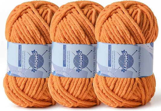 Chunky Chenille Yarn for Crocheting，Baby Yarn for Crocheting Soft Blankets，Bulky Yarns for Crochet Amigurumi，3×100g (3×74.3yds) Fluffy Velvet Yarns for Hand Knitting (3 Ginger Color)