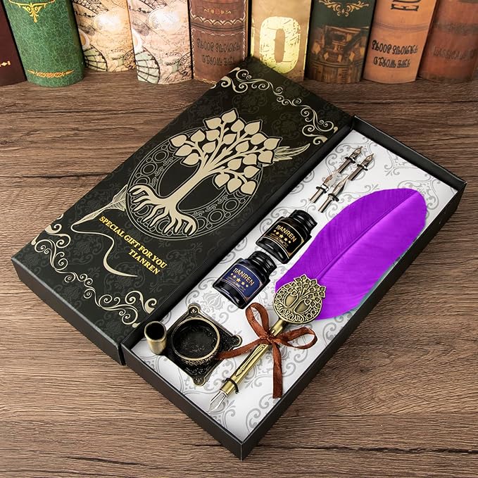 TIANREN Quill pen ink set,Feather Pen and Ink Set,Antique Calligraphy Pen with 4 Replaceable Nibs,2 Bottle of ink,Feather Dip Pen Holder Christmas Gift for Men&Women.(Purple)