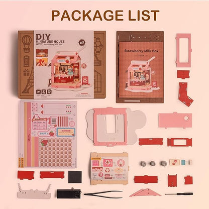 DIY Mini House Building Miniature Kit Milkbox, Miniverse Lifestyle Bookshelf Decoration, Cute Craft Kits for Women or Girls 14+, Kawaii Gifts Hobbies for Crafters (Strawberry Milkbox)
