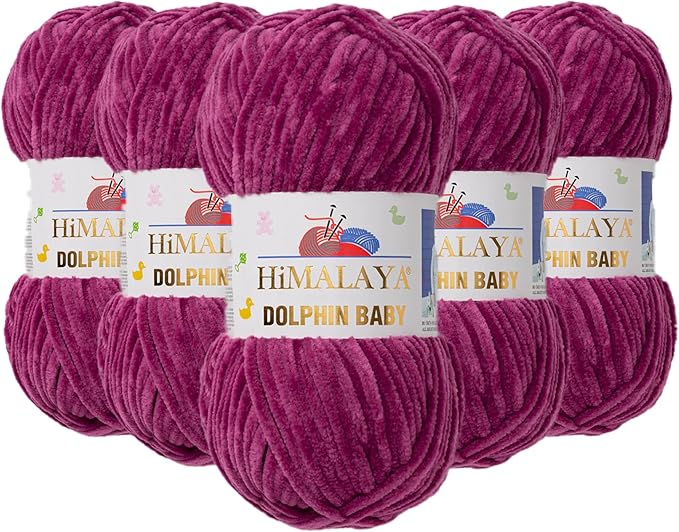 5 Skein/Pack Himalaya Dolphin Baby Chenille Yarn, Each Ball 100 gr (3.5 oz), 120 m (132 Yards), 100% Polyester, Super Bulky Baby Blanket Velvet Amigurumi Yarn, 80338 - Plum