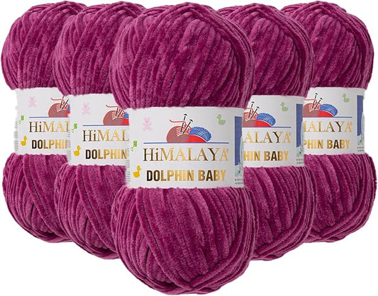 5 Skein/Pack Himalaya Dolphin Baby Chenille Yarn, Each Ball 100 gr (3.5 oz), 120 m (132 Yards), 100% Polyester, Super Bulky Baby Blanket Velvet Amigurumi Yarn, 80338 - Plum
