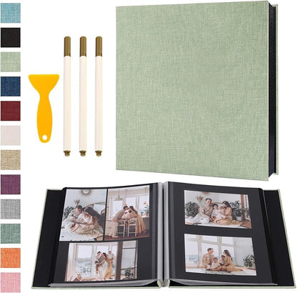 Photo Album Self Adhesive Pages Black Sticky Pages Large Scrapbook Linen Cover for 4x6 5x7 8x10 Pictures Album de Fotos Wedding Couples Baby Family Memory Book, 13.2x12.8 Grass Green 120 Pages