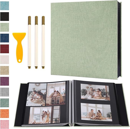 Photo Album Self Adhesive Pages Black Sticky Pages Large Scrapbook Linen Cover for 4x6 5x7 8x10 Pictures Album de Fotos Wedding Couples Baby Family Memory Book, 13.2x12.8 Grass Green 120 Pages