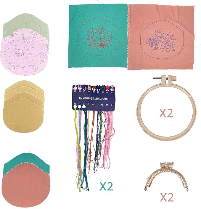 MIAO JIN 2 Sets Stamped Embroidery Coin Purse Kits for Beginners Handmade DIY Embroidered Clutch Starter Kit with All Supplies Tools Bamboo Embroidery Hoops