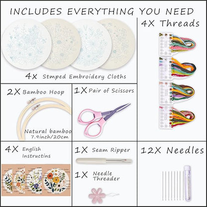 Bonroy Embroidery Kit for Beginners with Instructions,Cross Stitch Kits for Adults with Pattern,Needlepoint Kits for Adult Include Embroidery Cloth Hoops Needles Threads (flowers2)