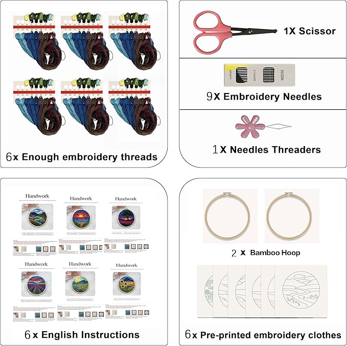 Maydear 6 Pack Embroidery Starter Kit with Pattern, Stamped Cross Stitch Kits for Beginners Adults with Embroidery Hoop and Instructions, Hand Embroidery Kit (Landscape six Sets)