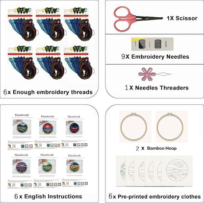 Maydear 6 Pack Embroidery Starter Kit with Pattern, Stamped Cross Stitch Kits for Beginners Adults with Embroidery Hoop and Instructions, Hand Embroidery Kit (Landscape six Sets)