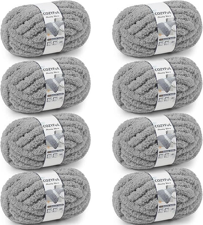 Chunky Yarn for Hand Knitting - #10 Chunky Chenille Yarn, Jumbo Big Thick Chunky Yarns for Crocheting, Super Bulky Chunky Knit Blanket Yarns, 8 Skein (25 yds 8 oz Each Skein), Light Grey