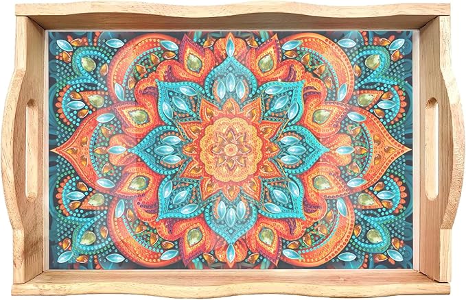 EWJRNSF Diamond Art Kits for Adults Wooden Serving Trays with Handles, 5D Diamond Painting Big Gem Arts and Craft Gifts Trays Decor Gift Home Decor 7.8x11.8 Inches Mandala E
