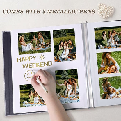 Aenbuslm Photo Album Self Adhesive Pages for 4x6 5x7 8x10 Pictures Scrapbook Magnetic Photo Albums with Sticky Pages Books with A Metallic Pen for Baby Wedding Family 13.2x12.8 Black 120 Pages