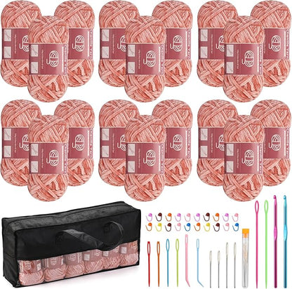 LUNARM 18 Skeins Chenille Yarn for Crocheting, Handmake Weaving Thick Soft Chunky Yarn for Blankets Clothes Crochet Craft with Crochet Hooks Needles Stitch Markers,3.53oz/Skein(Peach Pink)