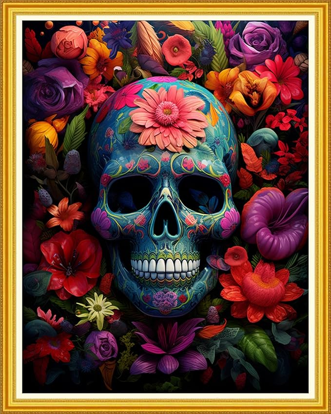 DMCVIVR Stamped Cross Stitch Kits for Beginners Adults Needlepoint Kits for Beginners Embroidery Kits for Adults Crossstitch Kit for Beginners 11CT-Skeleton Colorful Flower 16x20 inch