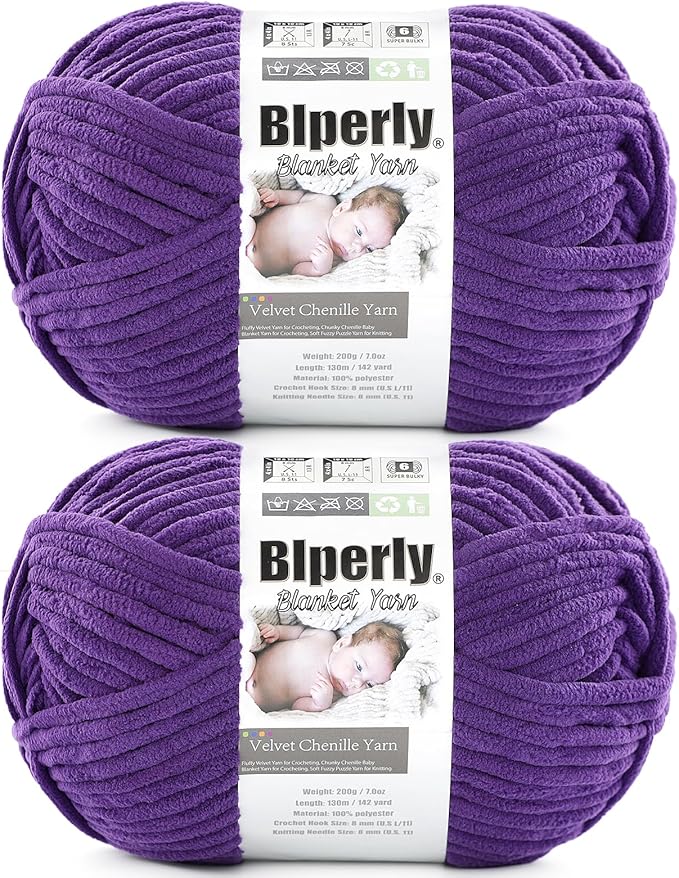 6 Super Bulky Velvet Chenille Yarn for Crocheting - 2 Skein of 200g/7 oz - Ultra Soft Heavy Weight Chunky Knitting Yarn for Baby Blankets, Amigurumi, Home Decor（Dark Purple，2 Skein）