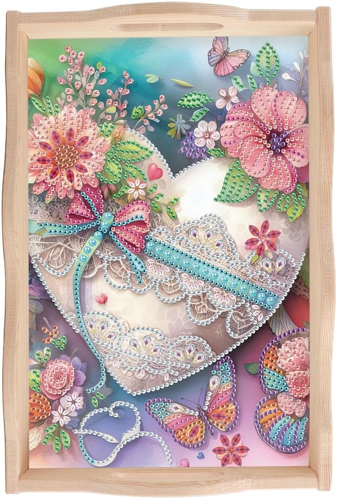 JISHSHAY Diamond Art Serving Tray Diamond Painting Food Tray Gem Art Serving Platter Gem Painting Mosaic Kits for Adults DIY Kits for Adults, with Wood Handle 20×30cm/7.87×11.81in, Envelope Flower
