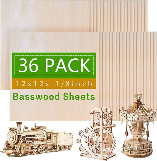 36 Pack Basswood Sheets,12 x 12 x 1/8 Inch,3mm Basswood Plywood Sheets with Smooth Surfaces, Unfinished Wood for Laser Cutting, Burning,Drawing, Architectural Models and DIY Crafts(36)