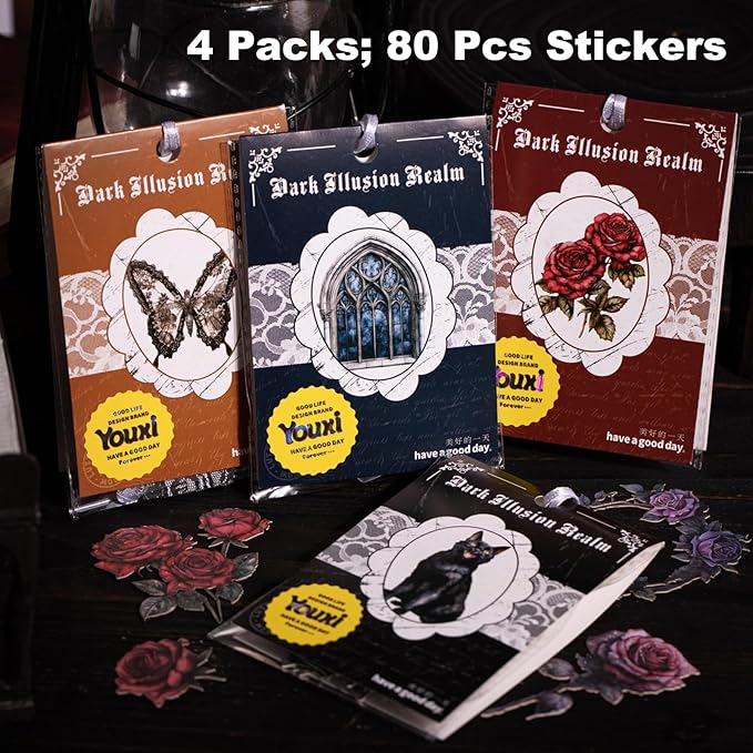 AuriicLeaf Dark Fantasy Gothic Sticker Set, 80PCS Vintage Cardstock Stickers for Scrapbooking, Journaling, DIY Crafts, Planners, and Gift Decoration
