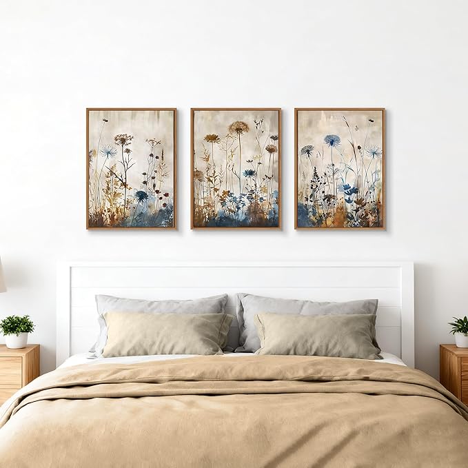 WENGTIAO 3Pcs Vintage Framed Canvas Wall Art Prints Flowers Posters Pictures Boho Brown Blue Blooms Paintings Nature Floral Botanical Artwork for Living Room Bedroom Bathroom Office 12x16x3