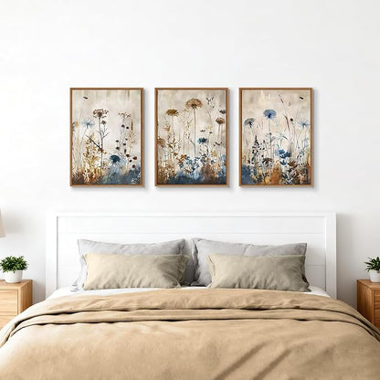 WENGTIAO 3Pcs Vintage Framed Canvas Wall Art Prints Flowers Posters Pictures Boho Brown Blue Blooms Paintings Nature Floral Botanical Artwork for Living Room Bedroom Bathroom Office 12x16x3