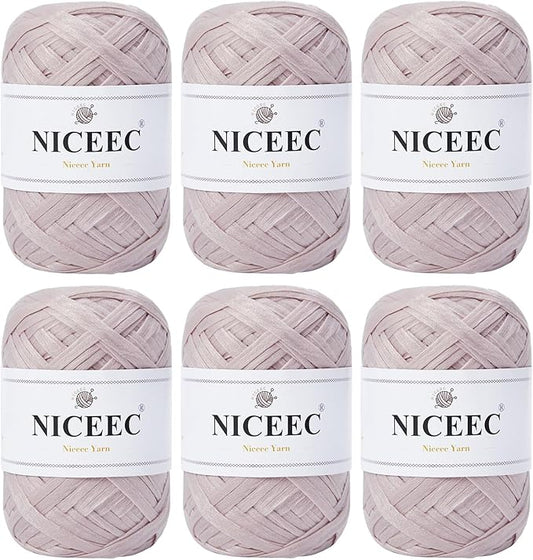 NICEEC 6 Skeins Soft Tape Yarn for Crocheting Craft Paper Yarn Easy Crochet Raffia Yarn Ribbon Yarn for DIY Craft Gift Wrapping Total Length 1.76oz×6/109yds×6-Pinkish Purple