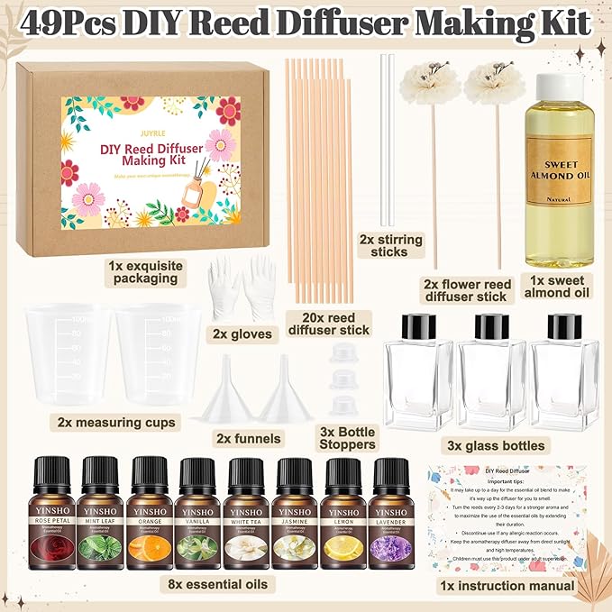 JUYRLE Reed Diffuser Making Kit- DIY Flower Reed Diffuser Set for Home with Essential Oil, Sticks, Glass Bottle, Air Fresheners for Home Office Bathroom Shelf Aromatherapy Decor Gifts for Women & Men