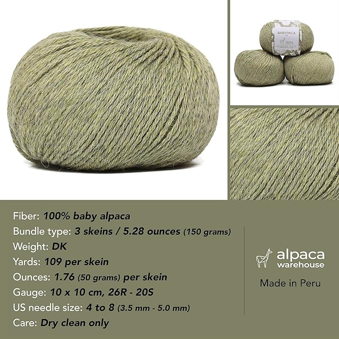 100% Baby Alpaca Yarn Wool Set of 3 Skeins (150 Grams) DK Weight - Made in Peru - Heavenly Soft and Perfect for Knitting and Crocheting (Soft Mint, DK)