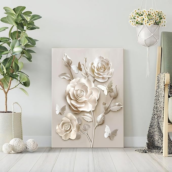WENGTIAO Beige Flora Canvas Wall Art Neutral Roses Butterflies Wall Print Poster Modern Botanical Minimalist Blossom Painting Picture Elegant Flower Artwork for Living Room Bedroom Bathroom 16x24 inch