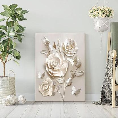 WENGTIAO Beige Flora Canvas Wall Art Neutral Roses Butterflies Wall Print Poster Modern Botanical Minimalist Blossom Painting Picture Elegant Flower Artwork for Living Room Bedroom Bathroom 16x24 inch