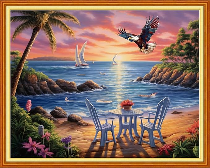 DMCVIVR Stamped Cross Stitch Kits for Beginners Adults Needlepoint Kits for Beginners Embroidery Kits for Adults Crossstitch Kit for Beginners 11CT-Rest by The Seaside 16x20 inch