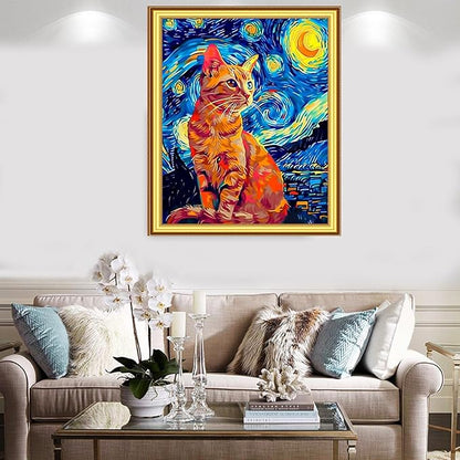 Foxnyart Stamped Cross Stitch Kits Full Range of Embroidery Needlework Starter Kits for Beginners Adults 11CT Embroidery Patterns Art Crafts DIY Needlepoint Kit-Van Gogh Starry Cat 16x20 inchs