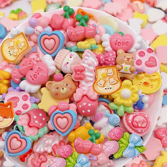 60 Pcs Slime Charms Bulk DIY Craft Making Kit, Cute Flat Back Mixed Resin Charms for Crafts (Multicolored)