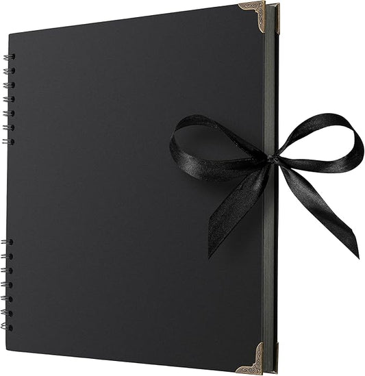 Bstorify Square Large Black Scrapbook Photo Albums 80 Pages (11 x 11 inch) Thick Kraft Paper Scrap Book, Memory Book, Ribbon Closure - Ideal for Your Scrapbooking, Art & Craft Projects