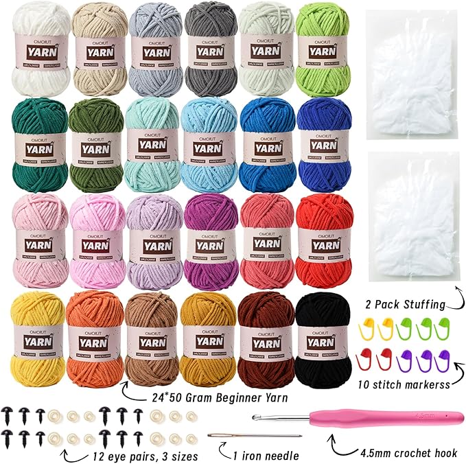 24 Pack Chenille Velvet Yarn - Baby Yarn for Crocheting Soft - Amigurumi Yarns Set with 1200g(1574yd) Crochet Yarns Crochet Hook、Stitch Markers、Fluffy Stuffing、Accessories