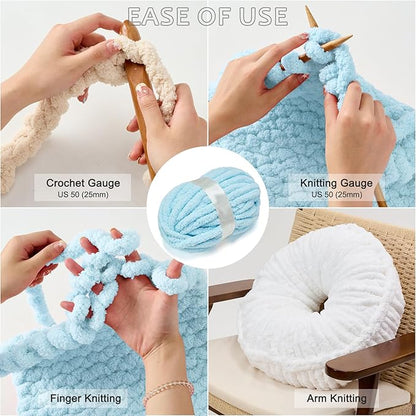 ERLYEEN Chenille Chunky Yarn Super Bulky Soft Thick Fluffy Jumbo Giant Washable Polyester Big Yarn DIY for Arm Knit Blanket Cushion Bed Sofa Home Decor,Light Blue,4.4LB