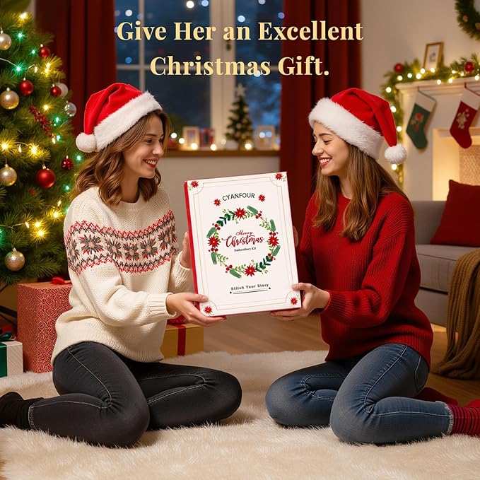 CYANFOUR 4 Pack Christmas Embroidery Kit for Beginners, with Step-by-Step Instructions and Clear Videos, Includes Multiple Accessories, Gift for Craft Lovers.