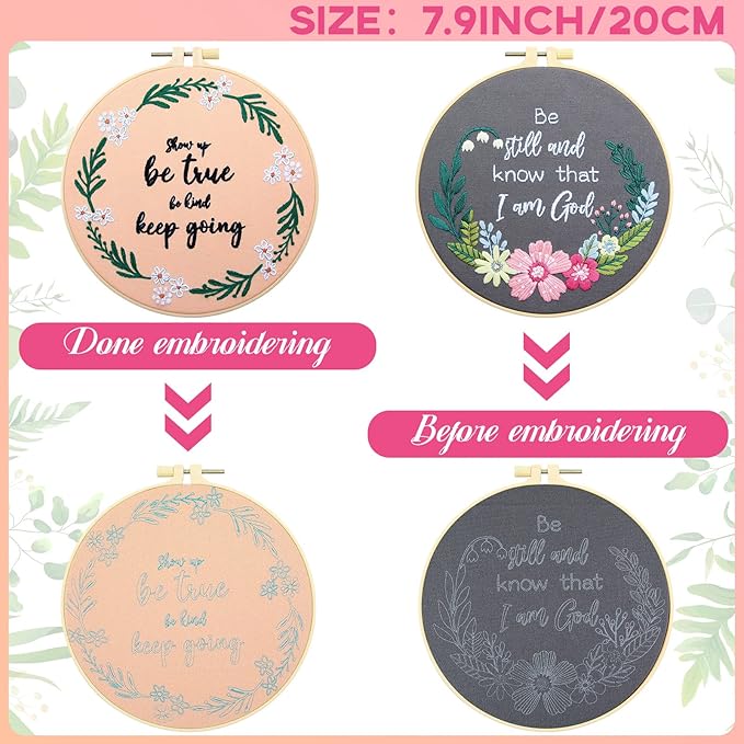 Crowye 5 Sets Inspired Quote Embroidery Kit for Beginner Adult Motivational Embroidery Starter Set Floral Cross Stamped Needlepoint Kit Hoops Thread Needles for Adults Craft Lover